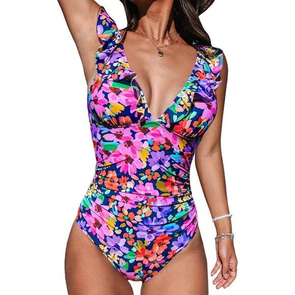 Other - Women's  Black/Light Pink Ruffled One Piece Swimsuit V Neck Lace Up